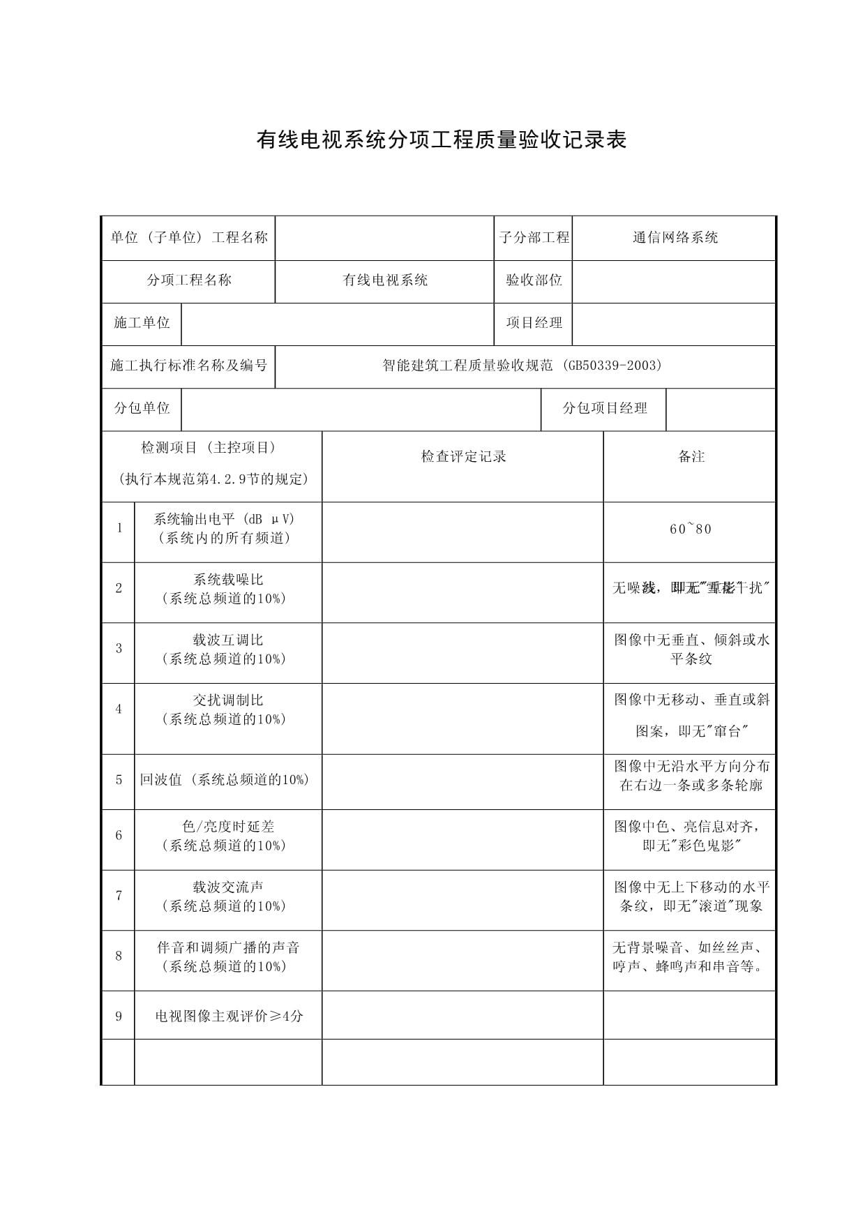 有线电视系统分项工程质量验收记录表编制指南（基于20220928文档）